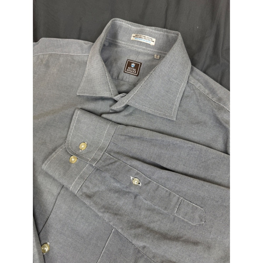 Peter‎ Millar Mens Large Birdseye Weave Button Up Shirt Black White Cotton L